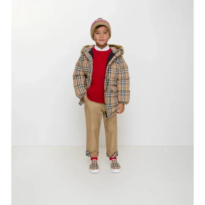 Daunenmantel aus Nylon mit Karomuster und Kunstfellbesatz