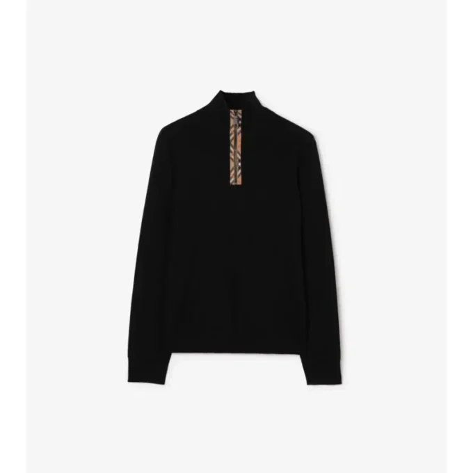 Karierter Wollpullover mit halbem Reißverschluss