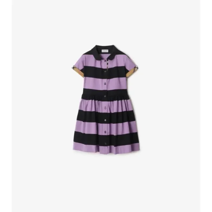Kariertes Baumwoll-Hemd-Kleid mit Streifenbesatz
