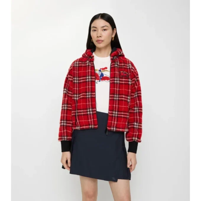 Kurze Kapuzenjacke aus Karofleece