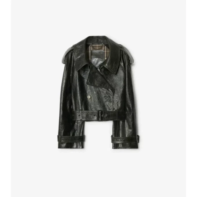 Kurze Trenchcoat-Jacke aus geprägtem Leder