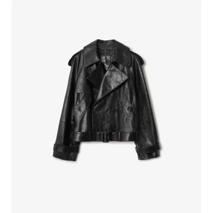 Kurze Trenchcoat-Jacke aus geprägtem Leder