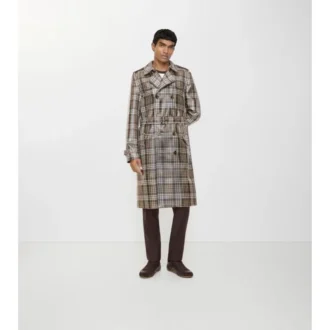 Langer, karierter Trench Coat „Foxfield“ mit Raffia-Effekt