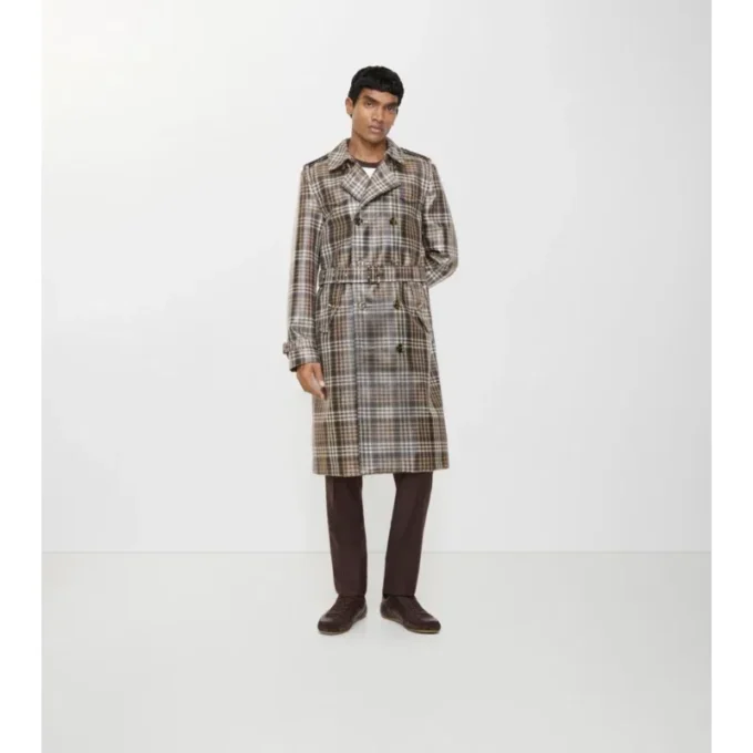Langer, karierter Trench Coat „Foxfield“ mit Raffia-Effekt