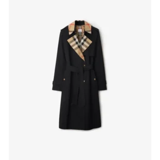 Langer Trench Coat aus Gabardine mit Karomuster und Kragen