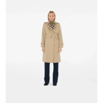Langer Trench Coat aus Gabardine mit Karomuster und Kragen
