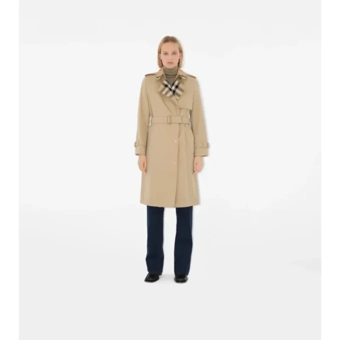 Langer Trench Coat aus Gabardine mit Karomuster und Kragen