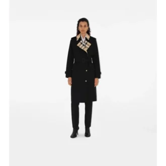 Langer Trench Coat aus Gabardine mit Karomuster und Kragen