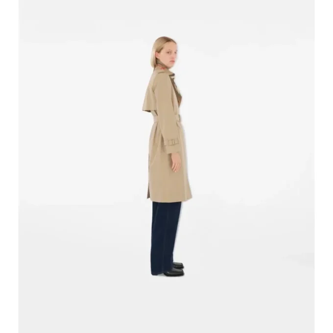 Langer Trench Coat aus Gabardine mit Karomuster und Kragen