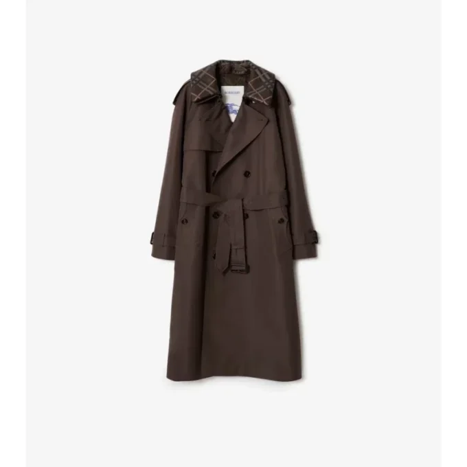 Langer Trench Coat aus Seiden-Baumwollmischung mit Karomuster und Kragen