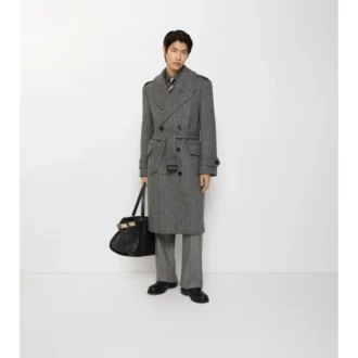 Langer Trench Coat aus Wolle mit Fischgrätenmuster