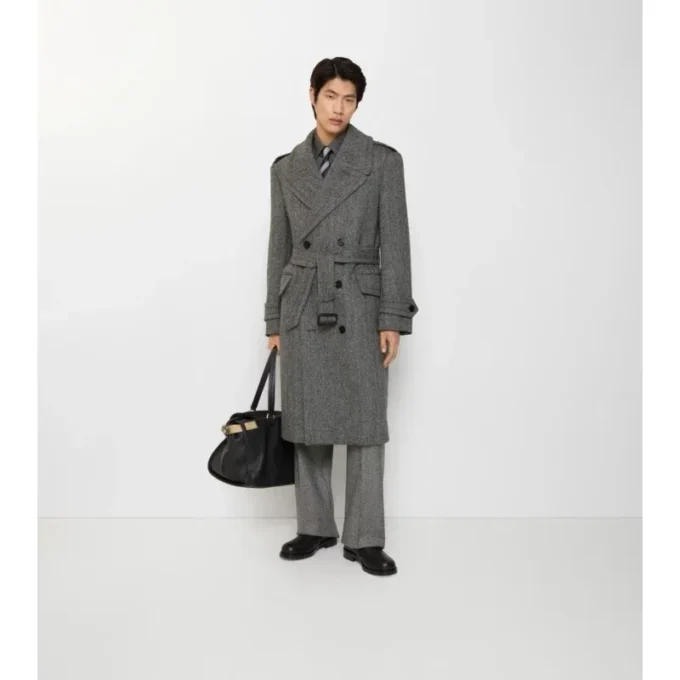 Langer Trench Coat aus Wolle mit Fischgrätenmuster