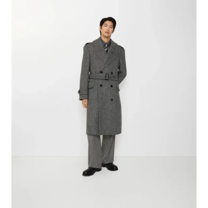 Langer Trench Coat aus Wolle mit Fischgrätenmuster